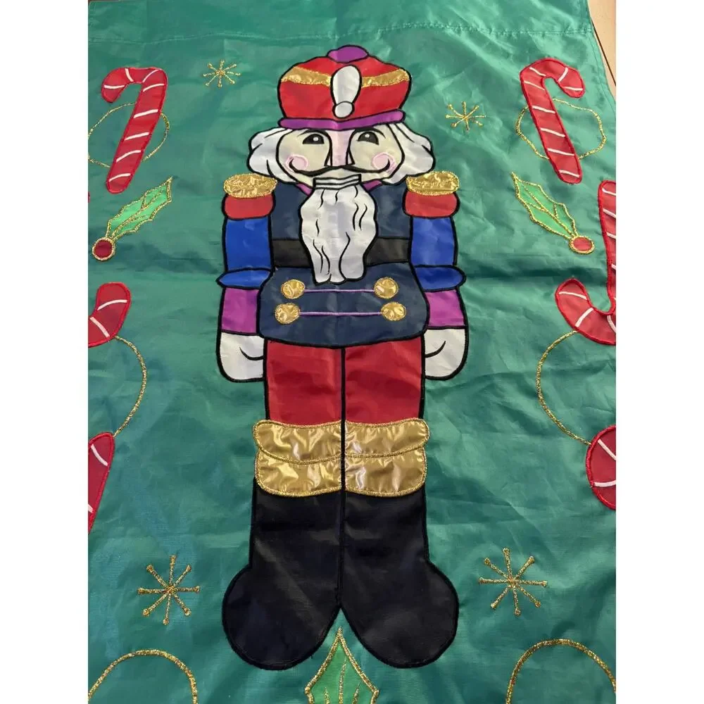 Vtg Applique Christmas Holiday Yard‎ Flag Double Sided Nutcracker Candy Cane